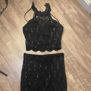 Black Sequin Lace Two Piece Cocktail Dress